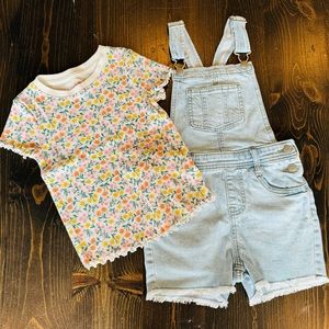 Cat & Jack Girls Denim Shortall & Floral Shirt Small 6/6x